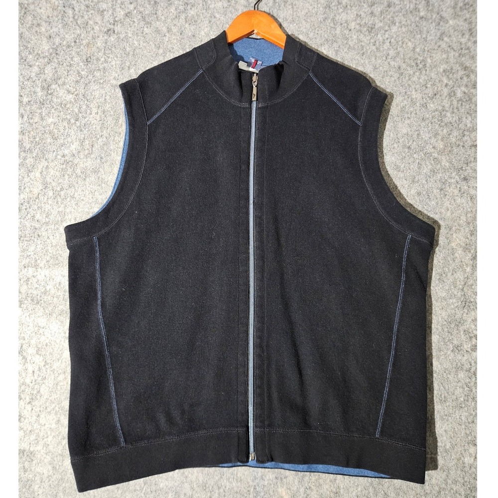 Tommy Bahama Reversible Vest Mens XL Black Blue Cotton Full Zip